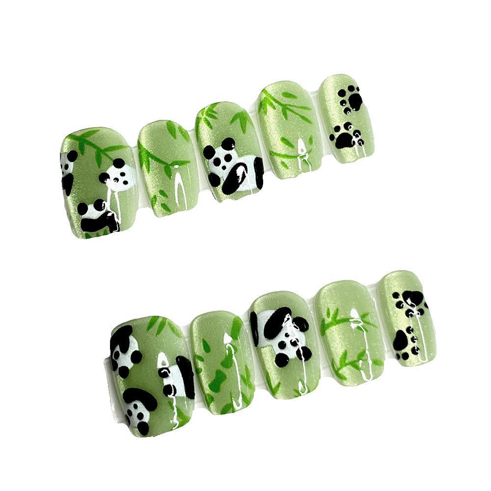 Handcrafted Panda Eating Bamboo Style Cat Eye Nail Wraps