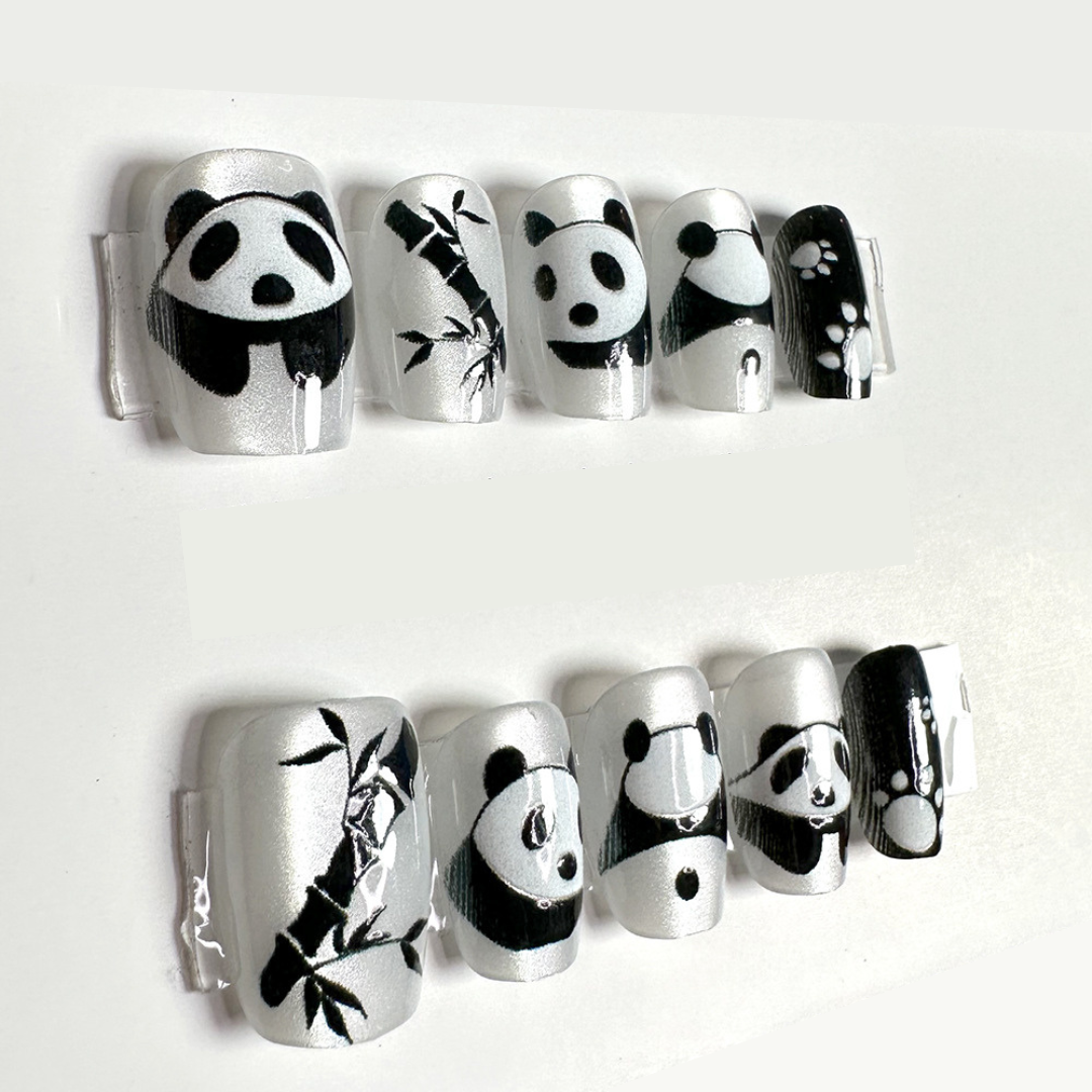 Handcrafted Black and White Panda with Bamboo Style Cat-Eye Nail Wraps