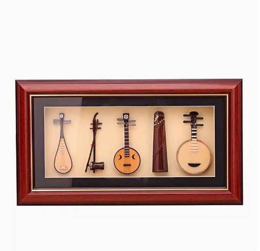 Mini Guzheng Model with Ruan, Sanxian, Bamboo Flute Picture Frame Decoration