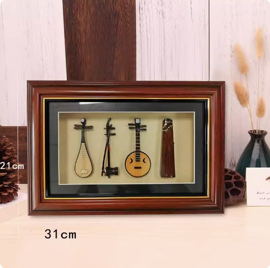 Mini Guzheng Model with Ruan, Sanxian, Bamboo Flute Picture Frame Decoration