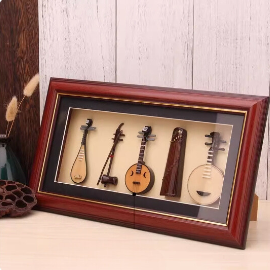 Mini Guzheng Model with Ruan, Sanxian, Bamboo Flute Picture Frame Decoration