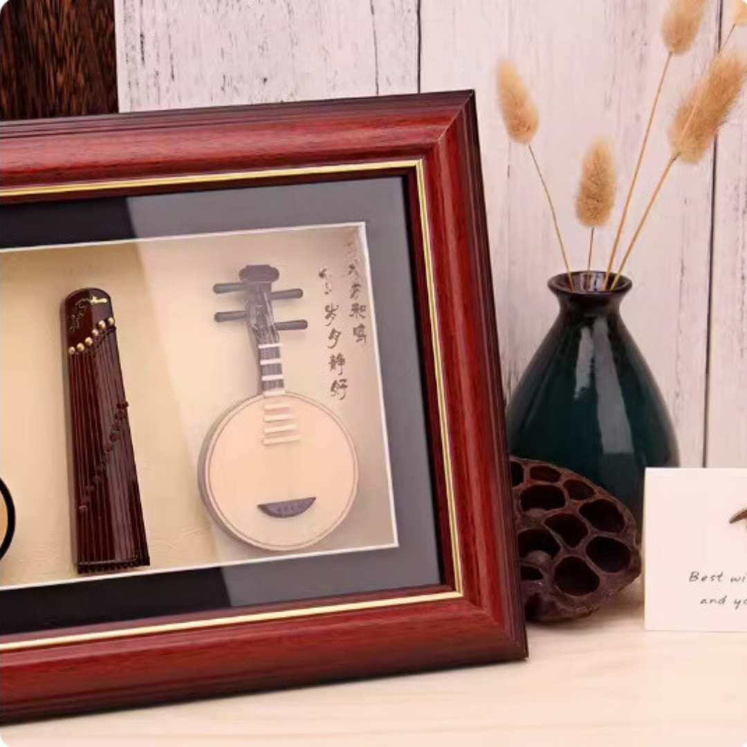 Mini Guzheng Model with Ruan, Sanxian, Bamboo Flute Picture Frame Decoration