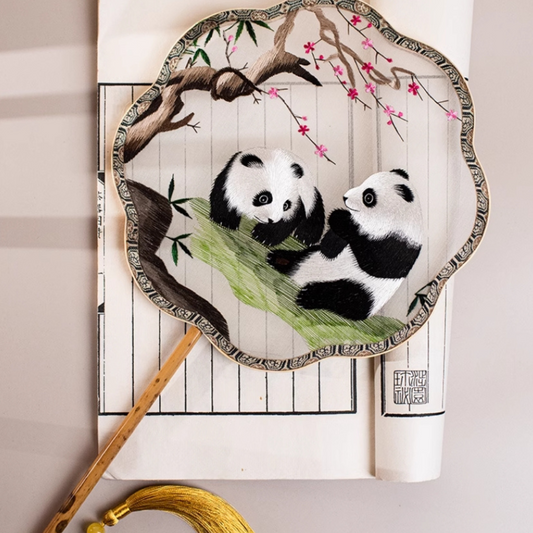 Hand-Embroidered Round Fan - Panda style