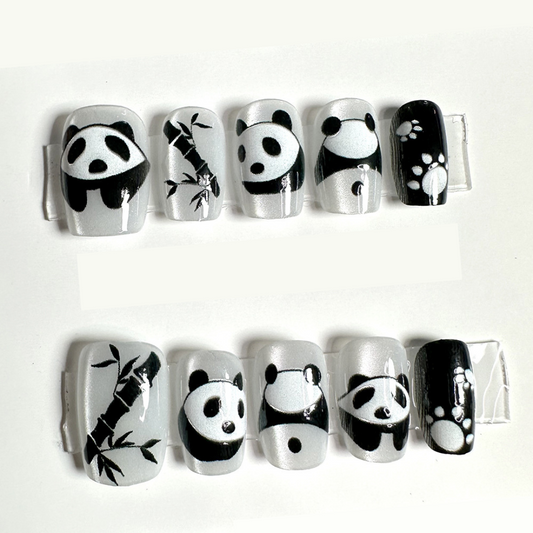 Handcrafted Black and White Panda with Bamboo Style Cat-Eye Nail Wraps